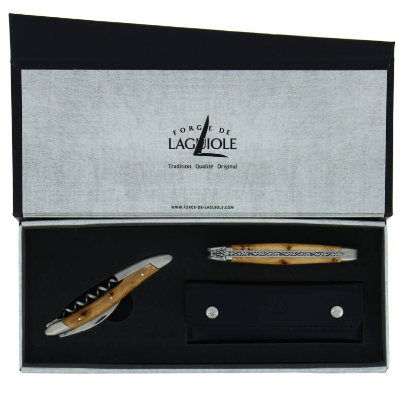 coffret duo couteau pliant 12 cms + sommelier genévrier  Forge de Laguiole